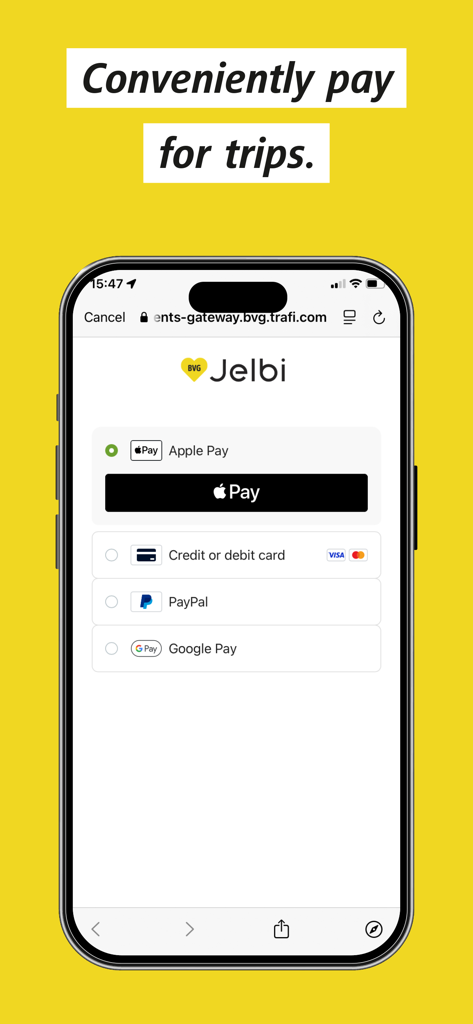 BVG Jelbi: Mobility in Berlin - BVG Jelbi app screen showing payment options including Apple Pay and PayPal