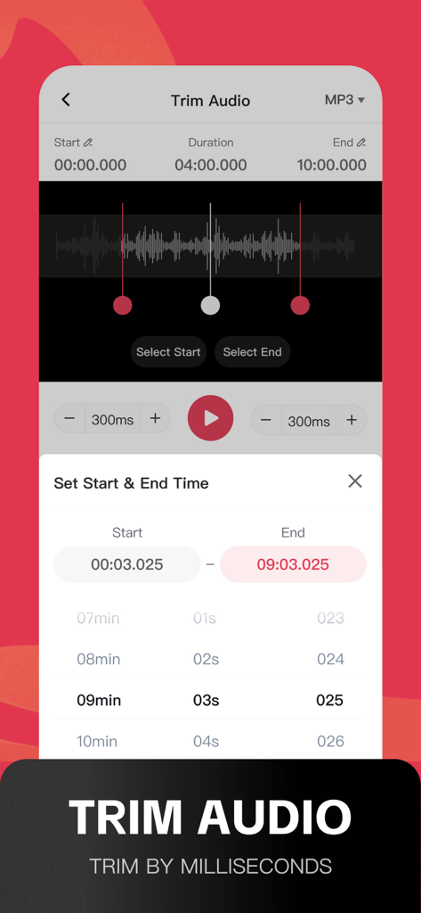 Audio Editor: MP3 Converter - Interface de corte de áudio preciso em milissegundos para criadores de conteúdo móvel.