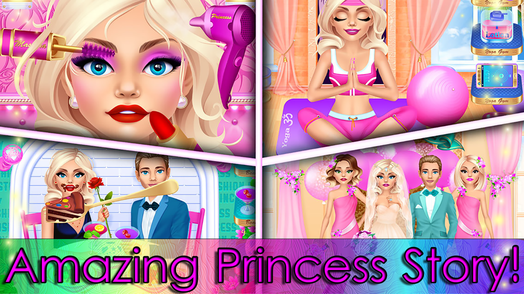 Collage de escenas de juego que muestran actividades de maquillaje, yoga, cena y fiesta de bodas en la aplicación Princess Fashion Girl