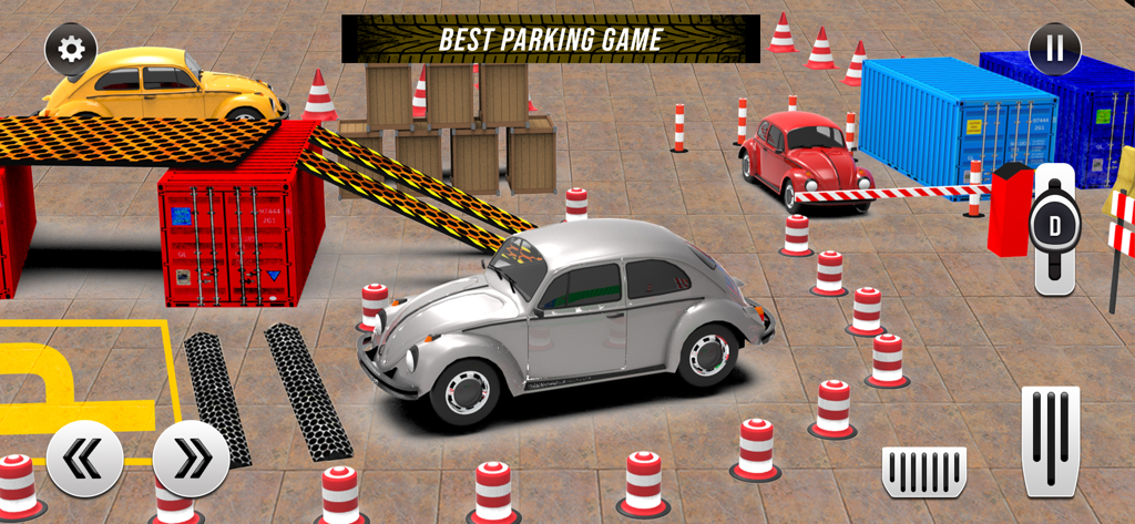 Car Parking Offline - A silver classic car navigating an obstacle course with cones and containers in a parking simulator