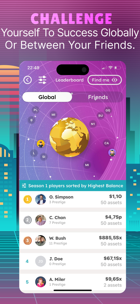 Business Tycoon Clash & Deals - Tabla de clasificación global que muestra los primeros puestos de jugadores por saldo en Business Tycoon Clash and Deals.