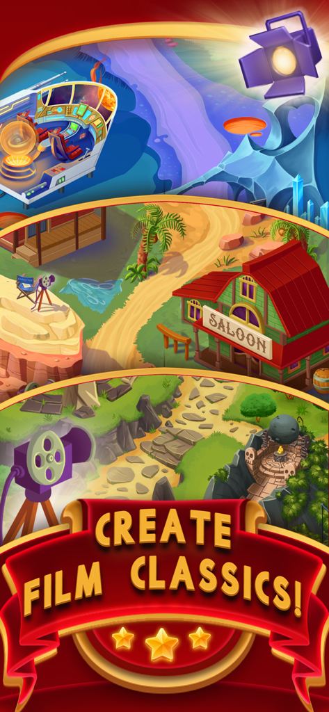 Lights, Camera, Blast! - Various movie set themes in the Lights Camera Blast puzzle game including Sci-Fi Western and Adventure.