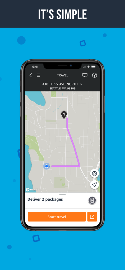 Amazon Flex app navigation screen with map route and start travel button