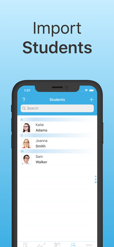 Alora app interface showing a list of students with names and profile photos