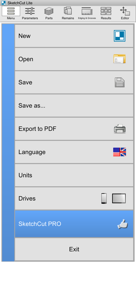 SketchCut Lite - Main menu screen of SketchCut Lite app featuring project management and settings options for cutting optimization.