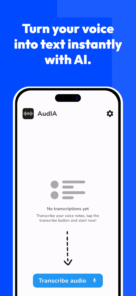 Voice Note Taker AI Simple - A mobile app interface with the text Turn your voice into text instantly with AI and a transcribe audio button.