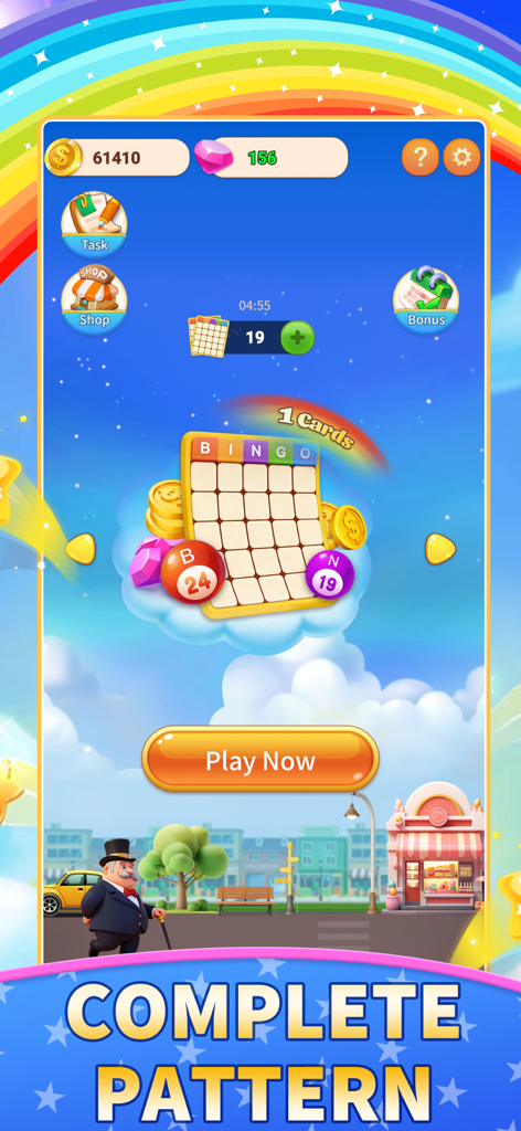 Millionaire Game - Bingo - La pantalla de inicio de Millionaire Game Bingo mostrando un tablero de bingo central sobre un fondo de ciudad con un botón Jugar ahora