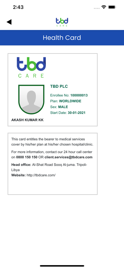 TBD Care App - Digital health card interface in the TBD Care app showing worldwide medical coverage details and enrollee information