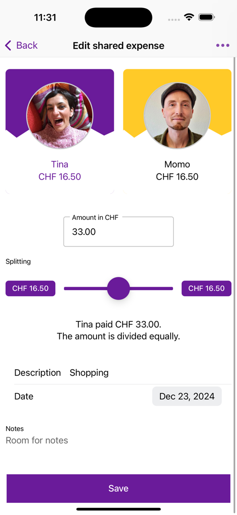 Couple-Budget - Une capture d'écran de l'application Couple-Budget montrant un écran pour modifier et diviser une dépense de magasinage partagée également entre deux partenaires à l'aide d'un curseur.