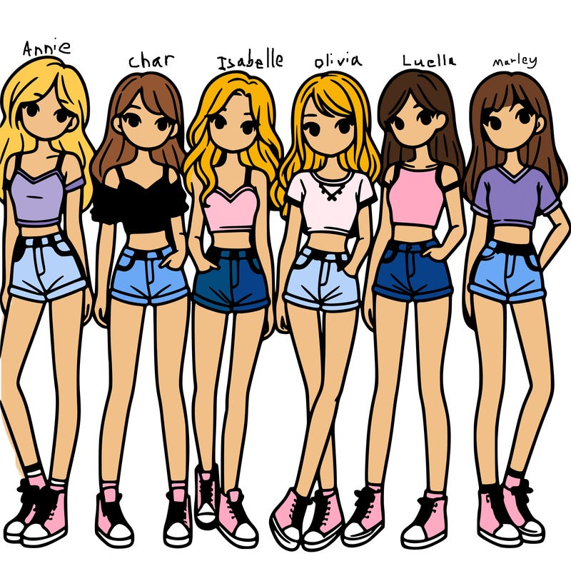 a group of girls wearing crop tops and shorts