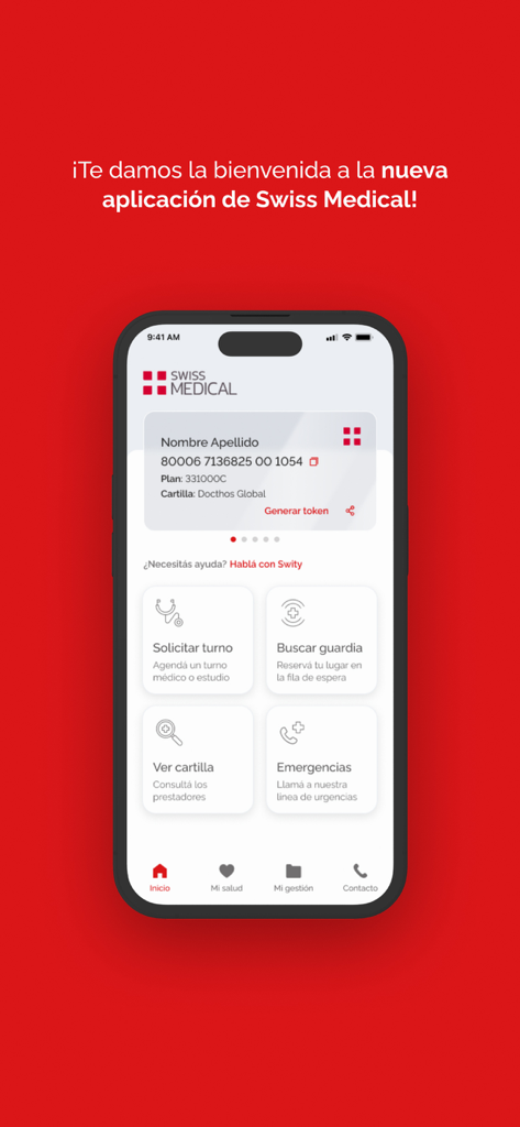 Swiss Medical - Écran d'accueil de l'application mobile Swiss Medical montrant les identifiants médicaux numériques et les icônes de services de santé
