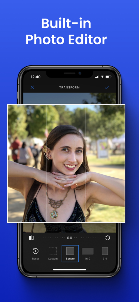 The built-in photo editor inside the Private Photo Vault app showing a photo being cropped into a square format.