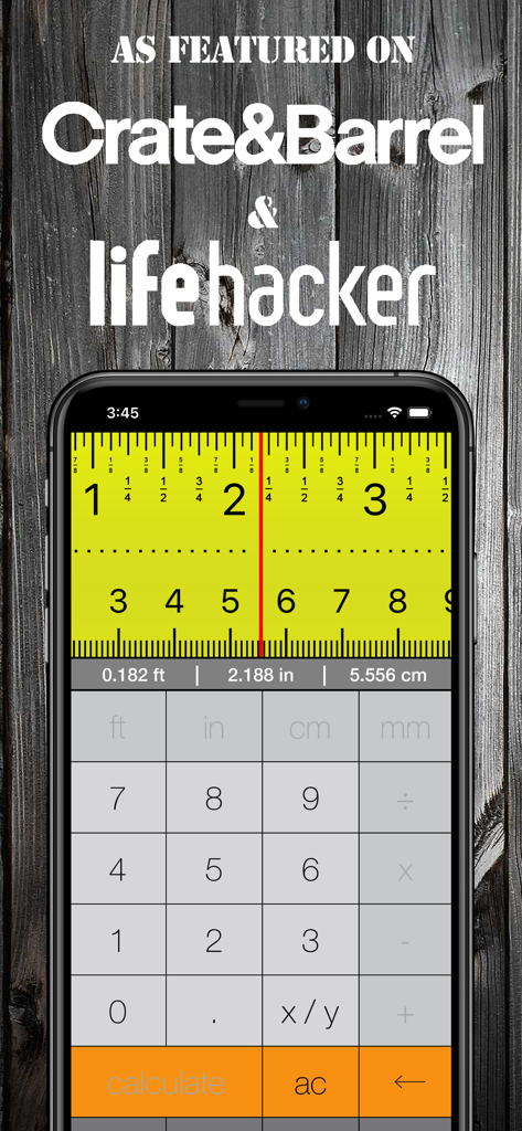 Tape Measure Calculator Pro - Smartphone screen showing Tape Measure Calculator Pro app with a visual tape measure and numeric keypad