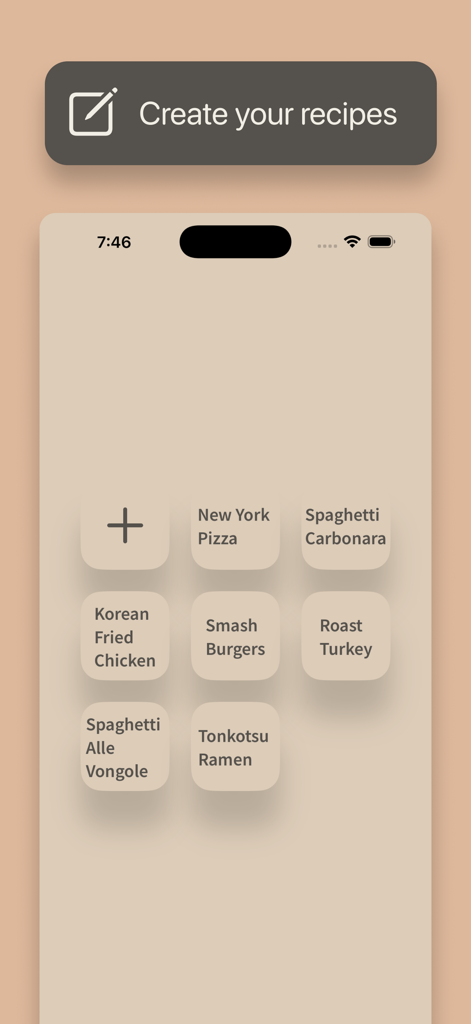 뉴욕 피자, 스파게티 까르보나라와 같은 저장된 레시피 그리드를 보여주는 미니멀리스트 레시피 앱 인터페이스