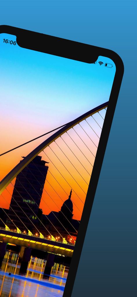 스마트폰 화면에 표시된 석양의 더블린 새뮤얼 베켓 다리