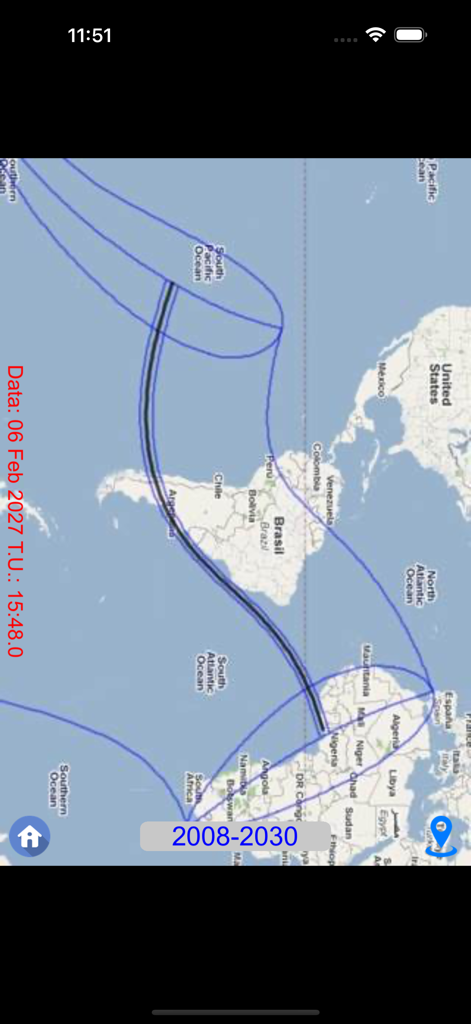 Total Solar Eclipses - World map visualization showing the lunar umbra path for the solar eclipse of February 6 2027