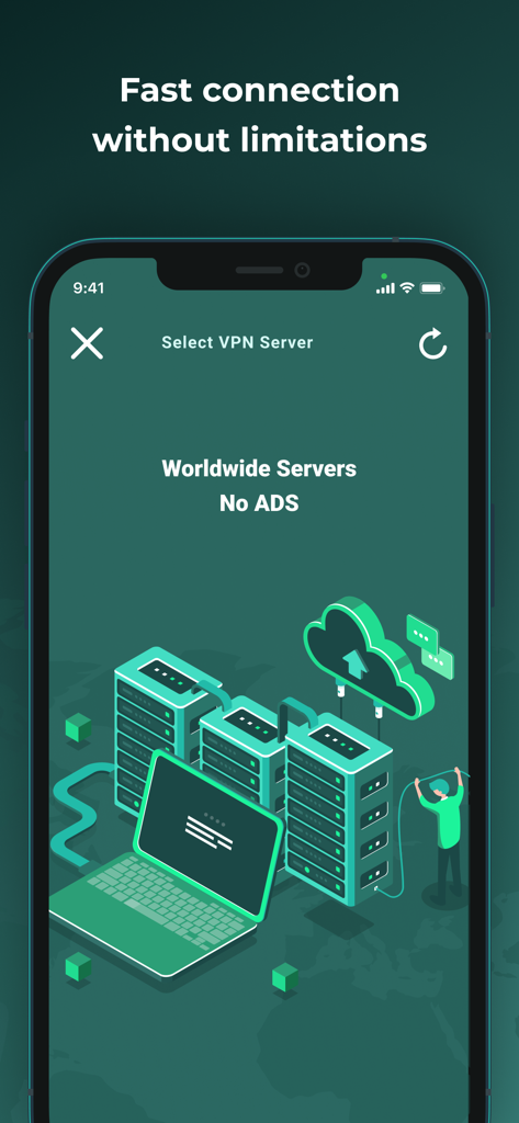 Neon VPN app screen showcasing fast connection without limitations and worldwide servers with no ads