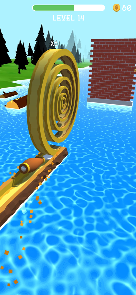 A gameplay screenshot of Spiral Roll showing a large wood spiral being created with a chisel to destroy a brick wall obstacle on a water level.