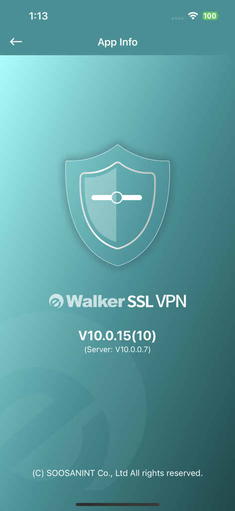 eWalker SSL VPN - App Info screen of eWalker SSL VPN showing version numbers and developer copyright information