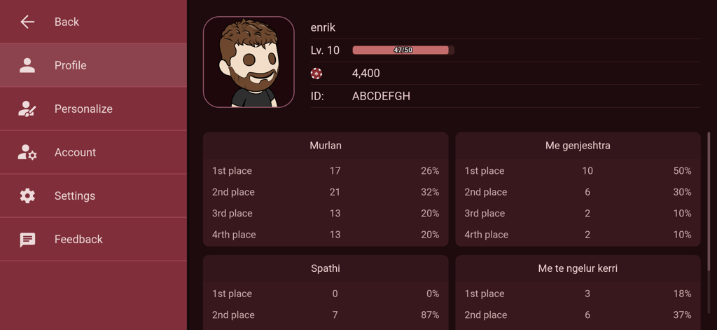 User profile dashboard showing game statistics for Murlan and Spathi in the Lojera me Letra app.