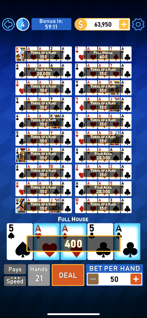 Video Poker Multi Bonus - Gameplay screen of Video Poker Multi Bonus showing twenty-one hands with several wins including four aces and full house