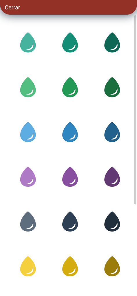 Himnario Lldm Inglés - Español - Una cuadrícula de íconos de gotas de colores que representan diferentes opciones de tema para la personalización de la aplicación