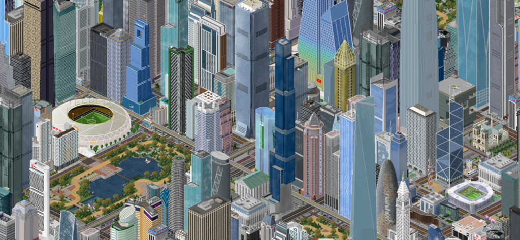 TheoTown - A detailed isometric pixel art city view in TheoTown featuring dense skyscrapers a stadium and a park with a lake