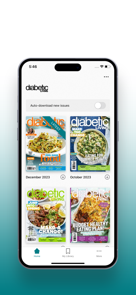 Diabetic Living Magazine - Screenshot of the Diabetic Living Magazine app home screen showing a selection of digital magazine issues with healthy food recipes