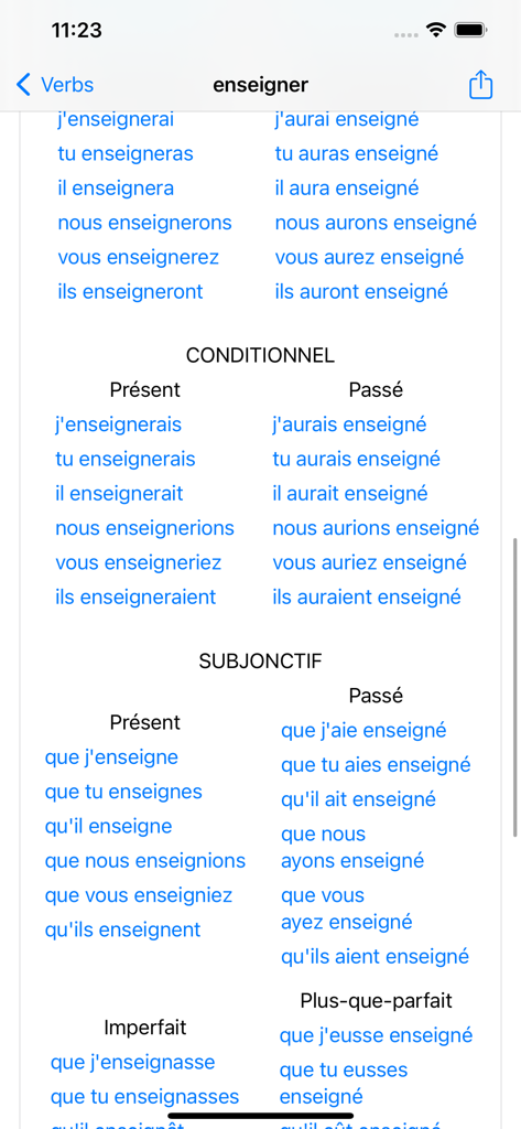 Conjugaison Française - Conjugación del verbo francés enseigner en los modos condicional y subjuntivo