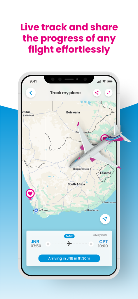 FlySafair - FlySafair mobile app screen showing a live flight tracking map with a plane icon flying over South Africa from Johannesburg to Cape Town