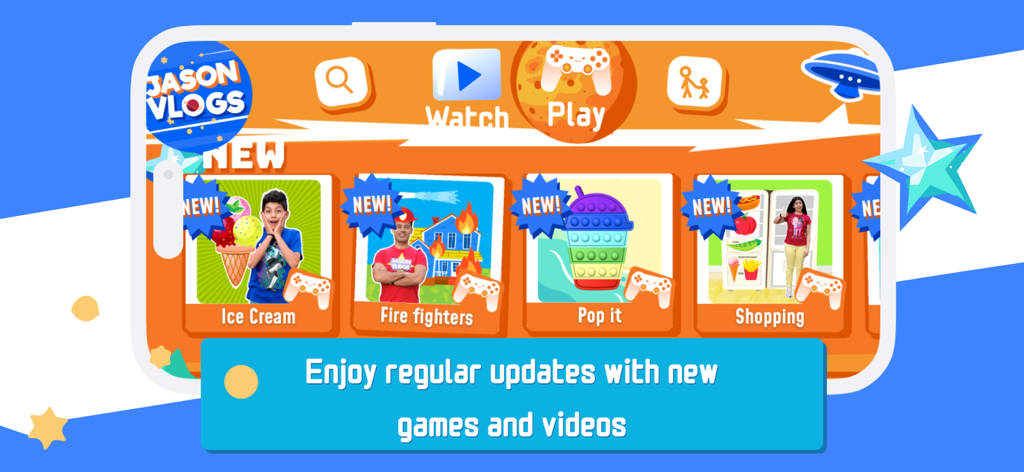 제이슨 브이로그 앱 대시보드에 어린이를 위한 새로운 게임 및 영상 선택 항목이 표시된다