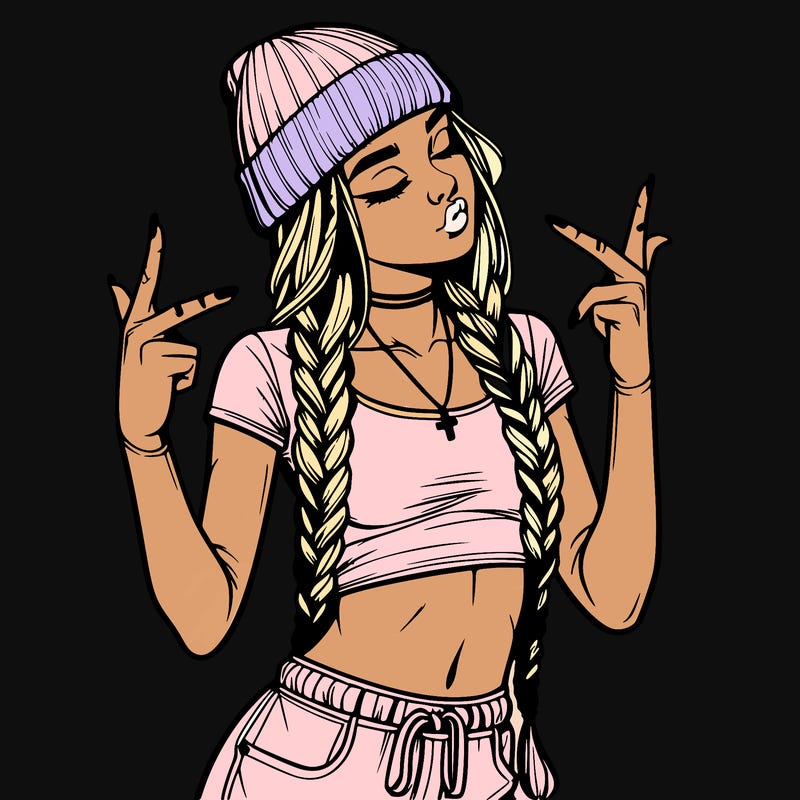realistic teenage girl with braids and a beanie and crop top doing 🫶🏼