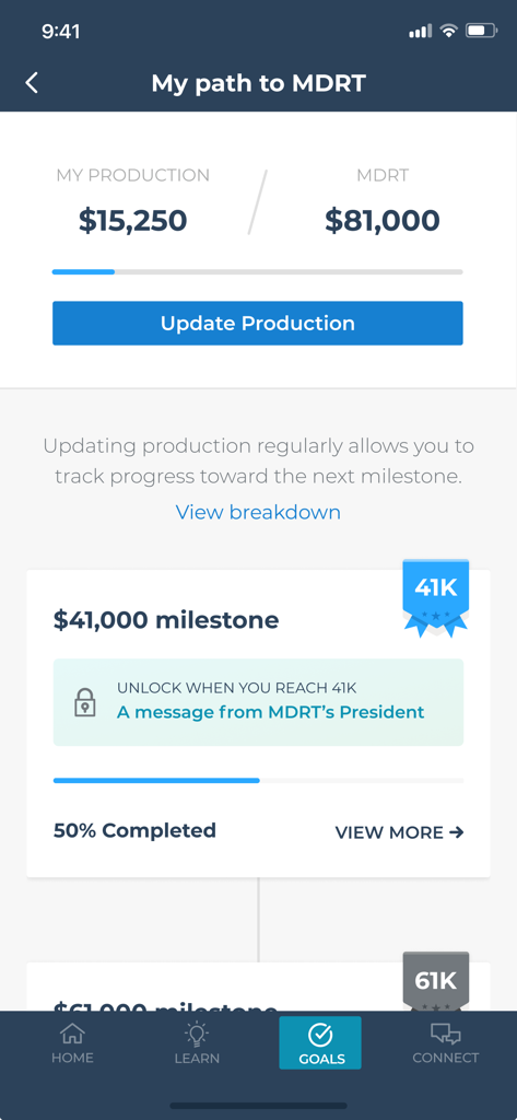 The MDRT Academy - Screenshot of The MDRT Academy app displaying production progress and milestones for financial advisors.