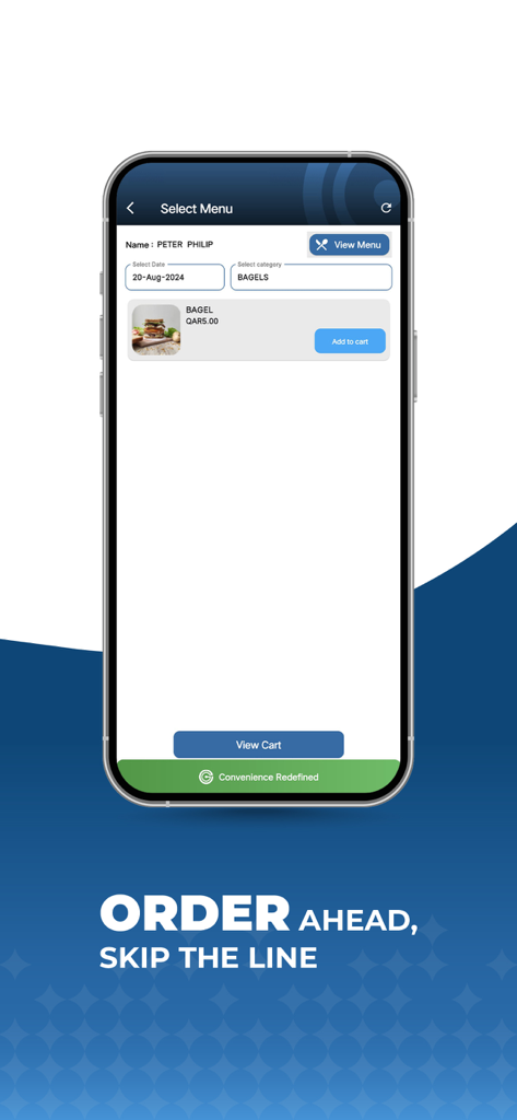 Genio - A mobile screen showing the Genio app menu for selecting a bagel with an order ahead feature to skip the line