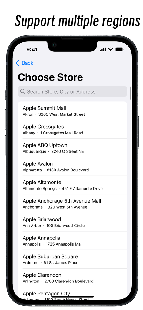 Screenshot of Stock Tracker for AS app showing a list of Apple Store locations in different US cities.