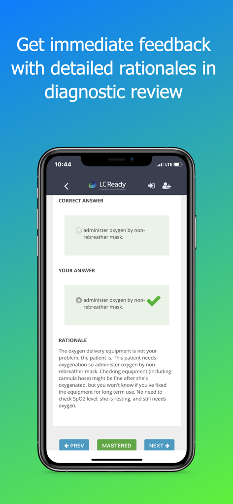 EMT PASS (new) - Smartphone screen displaying an EMT study question with its correct answer and detailed clinical rationale.