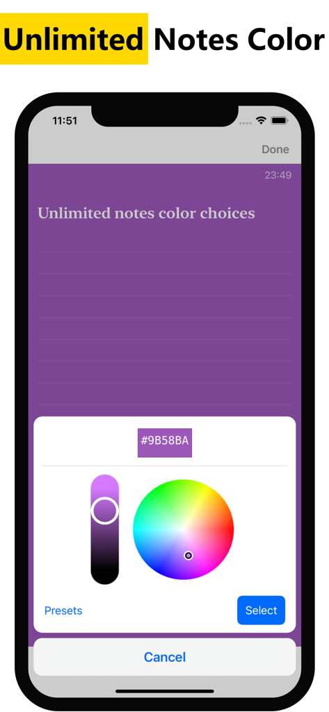Interfaz del selector de color de notas ilimitadas de la aplicación WeNote para elegir colores de nota personalizados ilimitados