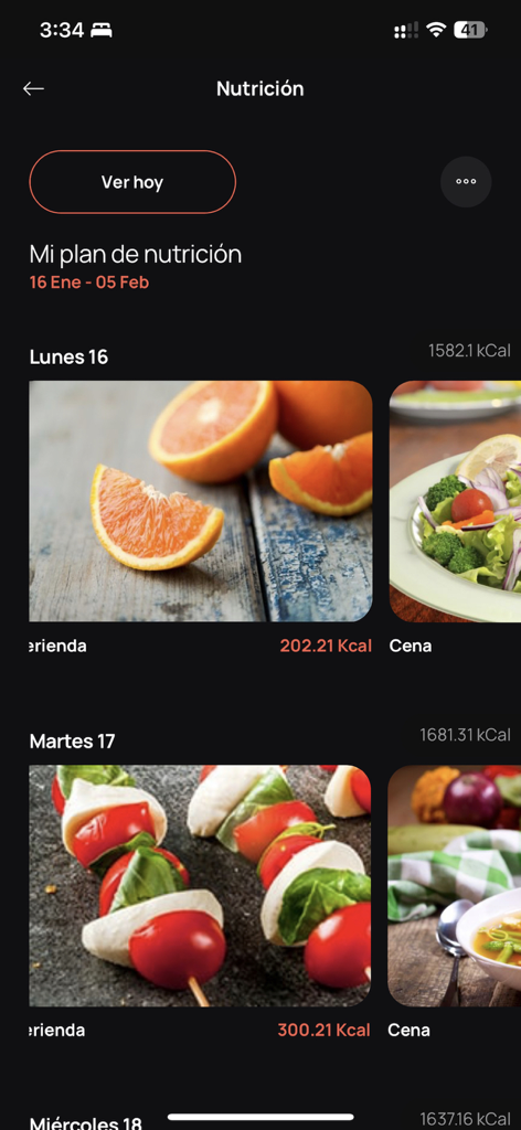 My GO fit - Plano de nutrição personalizado mostrando imagens de refeições diárias e contagem de calorias no aplicativo My GO fit