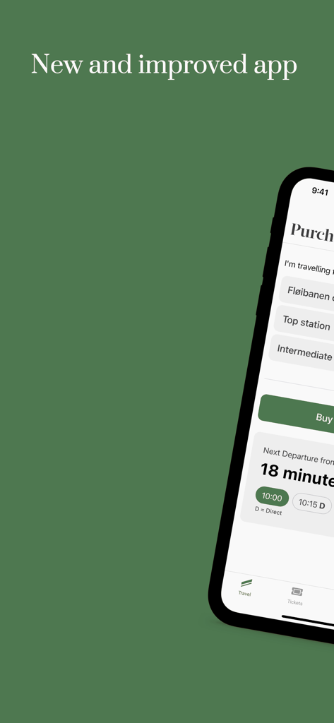 Fløibanen - Floibanen mobile app screen for buying funicular tickets and checking next departures in Bergen
