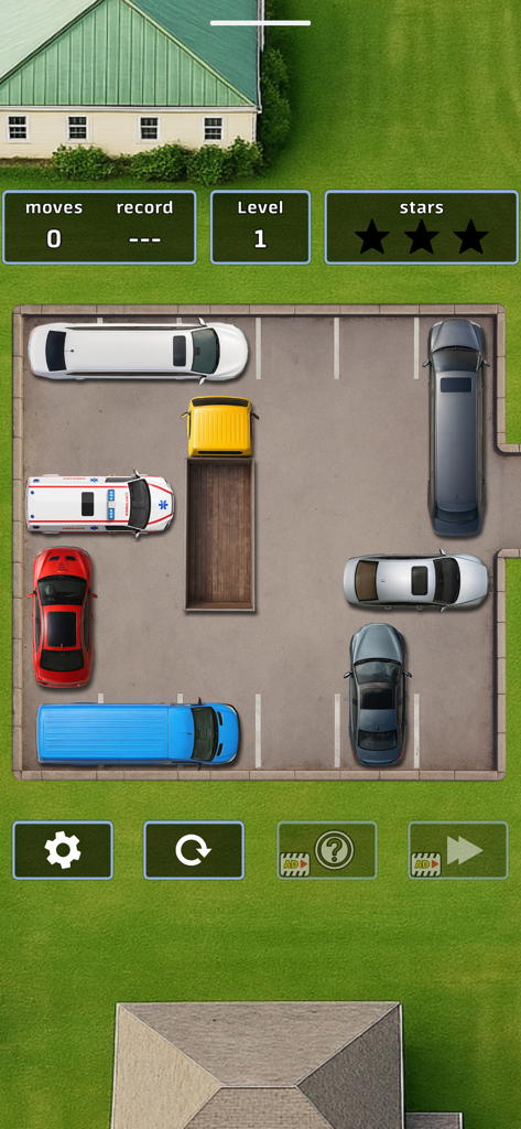 Unblock car: puzzle jam - Vista cenital de un juego de puzzles de aparcamiento de coches que muestra el nivel uno con varios coches de colores en un aparcamiento