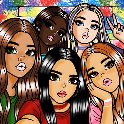 group of teen girls friends y2k up close in a selfie