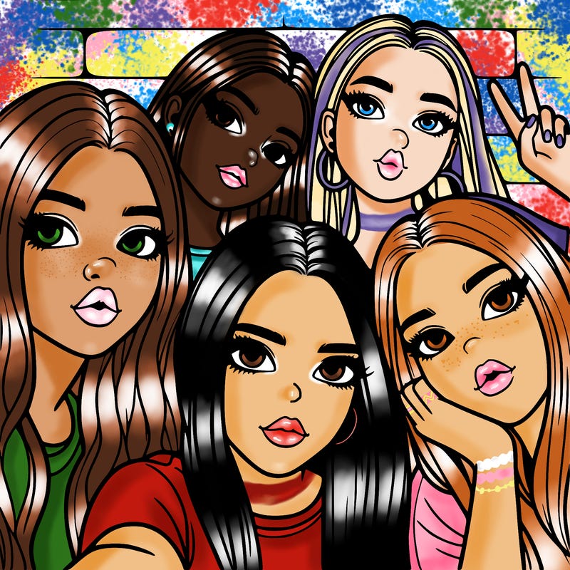 group of teen girls friends y2k up close in a selfie