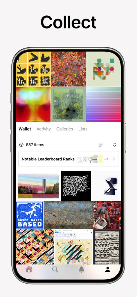 Deca Art app interface showing a digital art collection and NFT wallet view