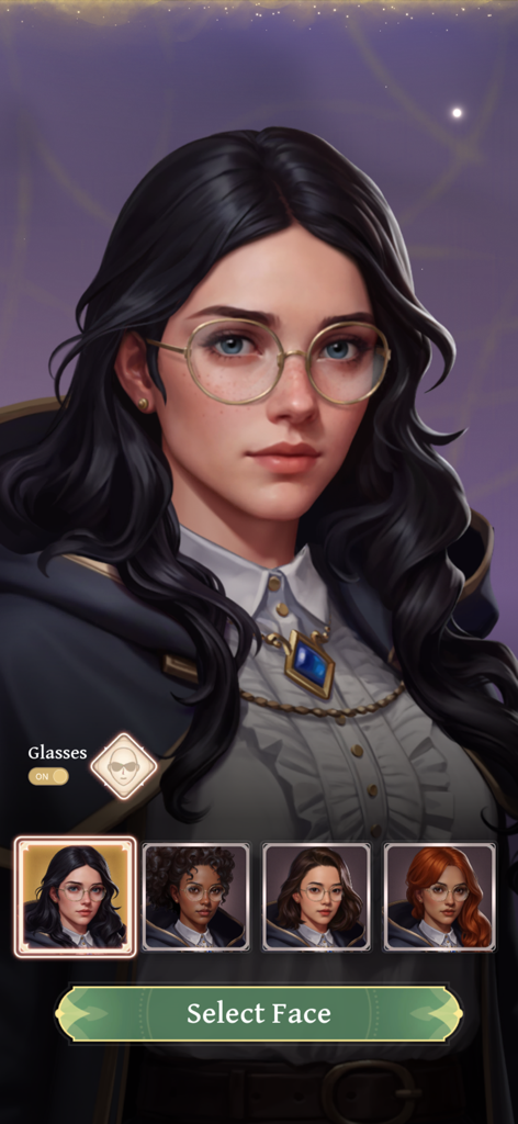 Character customization screen in Love and Magic Spellfyre showing face selection options and glasses toggle.
