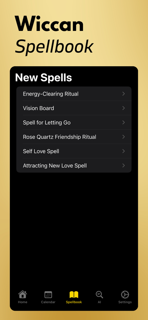 Wicca: Witchcraft & Spells - The Wiccan Spellbook screen in the Wicca app listing spells for energy clearing and self love