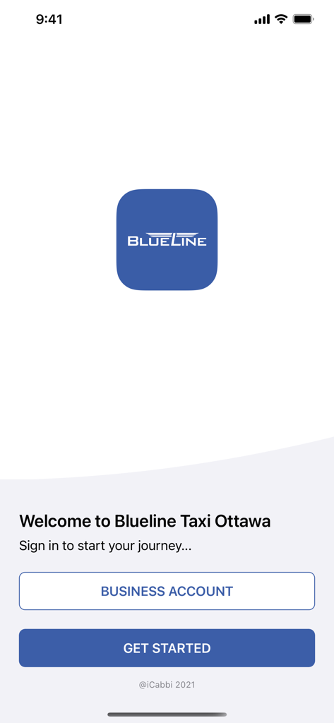 Blueline Taxi - Ottawa - Welcome screen of the Blueline Taxi Ottawa mobile app featuring the company logo and buttons for business account login and getting started