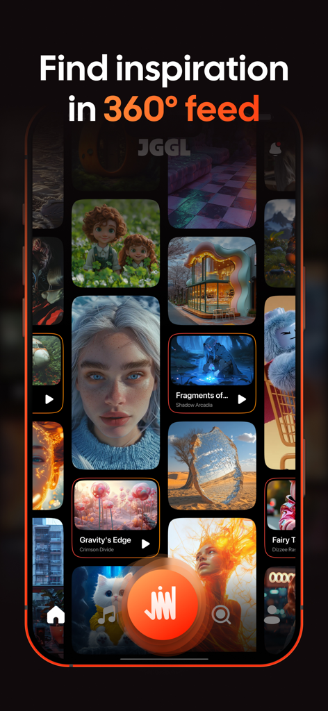 JGGL: AI Generated Images - JGGL app interface featuring an immersive 360 degree feed of AI generated images and videos