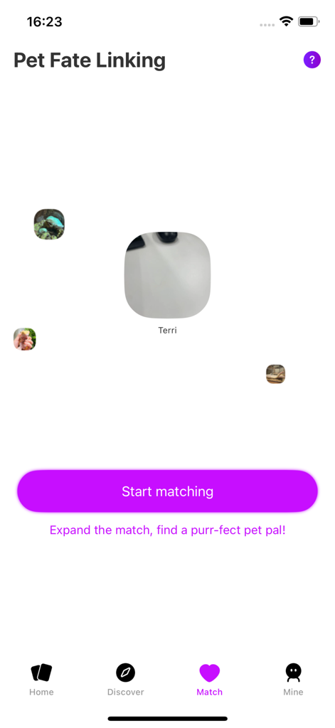 ExopetPals - A screenshot of the ExopetPals mobile app Match screen showing the Pet Fate Linking feature with a purple Start Matching button and pet owner profile bubbles.