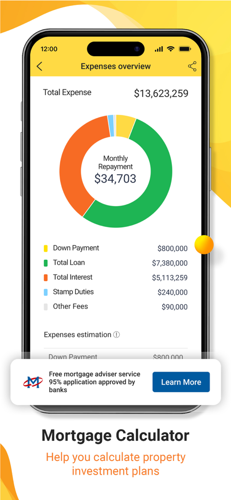 Écran du calculateur de prêt hypothécaire de l'application Midland Realty affichant un graphique circulaire récapitulant les mensualités et les dépenses.