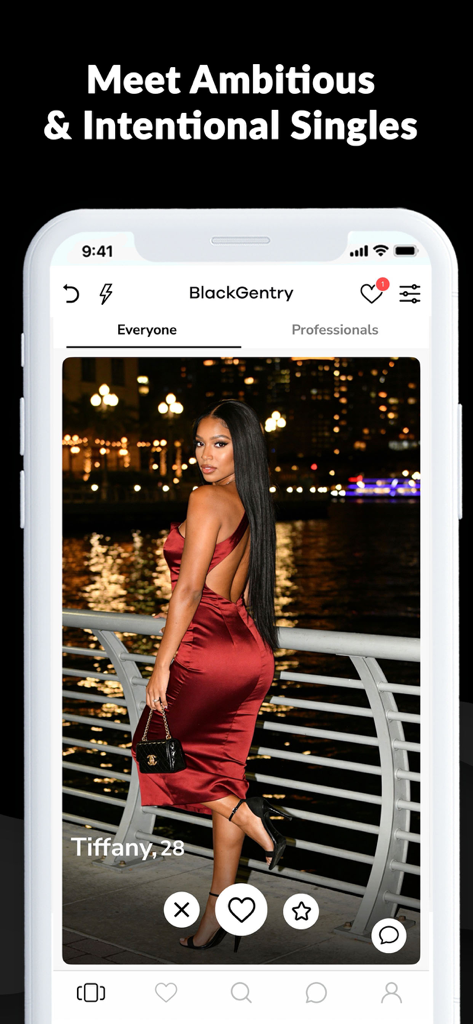 BlackGentry: Black Dating App - A professional dating profile on the BlackGentry app with the headline Meet Ambitious and Intentional Singles.